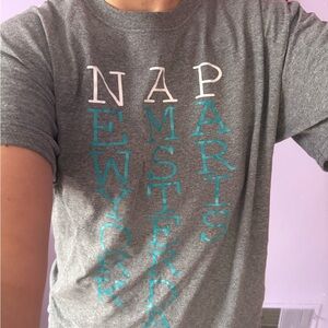 Gildan Heather Gray Tee with Teal and White Print says NAP